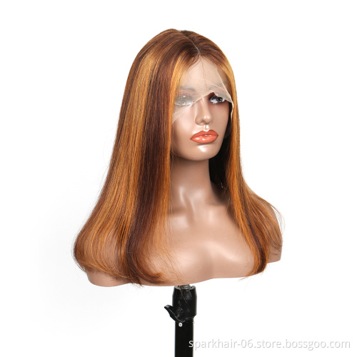 Pre-Plucked highlight honey brown color straight bob human hair lace front wigs, 4x4 lace closure indian straight wave bob wig